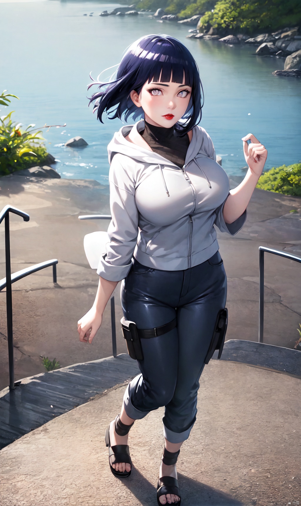  1girl,red lips, bobby socks, short hair, looking_at_viewer, big_breasts,  full_body,masterpiece, absurdres, 1girl, hinata\(shippuden\), solo,hooded jacket, fishnets, headband around neck, looking at viewer, floating hair, wind, blue pants,