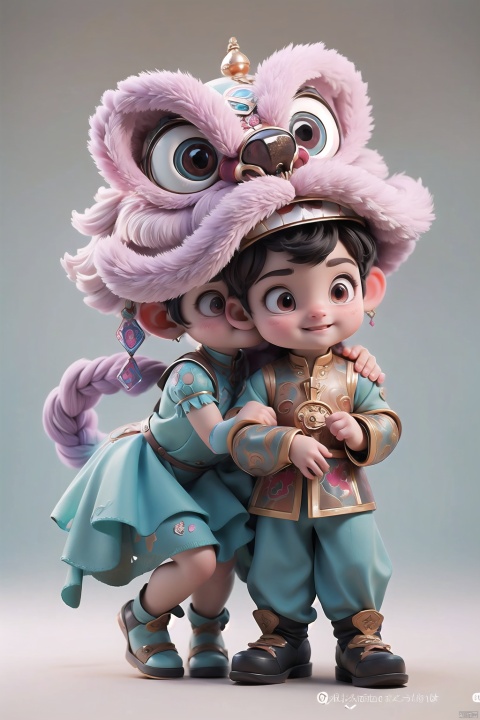  Masterpiece, Best Picture Quality, A Cute Boy and a Beautiful Girl, Embracing Couple in Couple Dress, Happy Expression, Crystal Texture, Exaggerated Actions, Facing the Audience, Eighth Degree Rendering, Blue Dress, Black Hair, Outdoor, Popular Supermarket, Full Body, Purple Hat, Simple Background