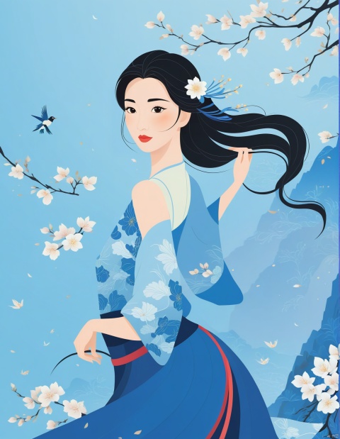  masterpiece, best quality, 1girl, flowers, flat color, lineart, abstract, ornate, blue theme,Mulan,liuyifei