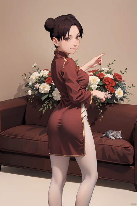  nai3, 1girl, cat, pantyhose, brown hair, jewelry, dress, hair bun, red dress, solo, smile, brown eyes, earrings, looking at viewer, no shoes, bangs, closed mouth, pillow, flower background,china dress, big breast, tenten\(shippuden\), standing, look back