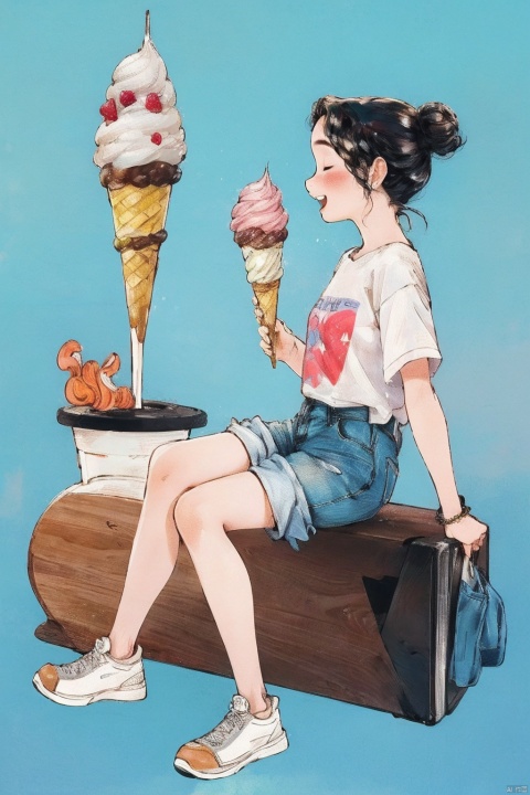  masterpiece,best quality,realistic,highres,Highly detailed,blurry background,,1girl,food,shorts,ice cream,sitting,blue shorts,shirt,open mouth,closed eyes,bracelet,short sleeves,holding food,blush,white shirt,ice cream cone,smile,hair bun,denim,simple background,profile,black hair,jewelry,blue background,denimshorts,fruit,,