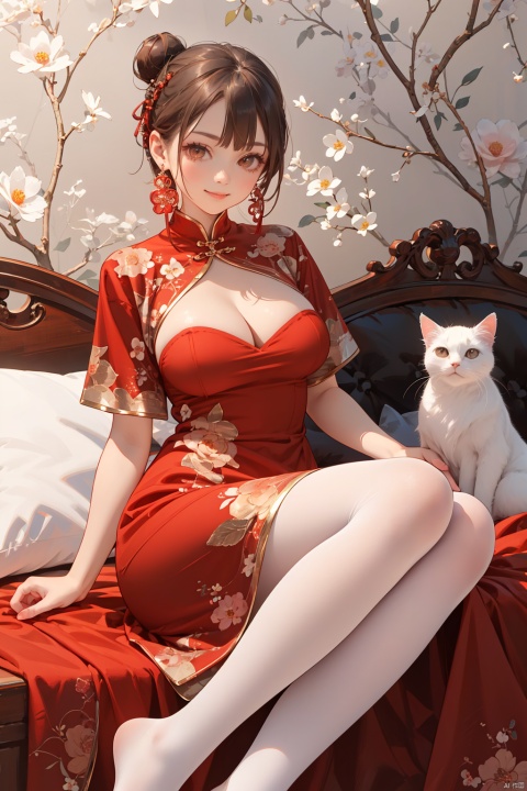  nai3, 1girl, cat, pantyhose, brown hair, jewelry, dress, hair bun, red dress, solo, smile, brown eyes, earrings, looking at viewer, no shoes, bangs, closed mouth, pillow, flower background,china dress, big breast