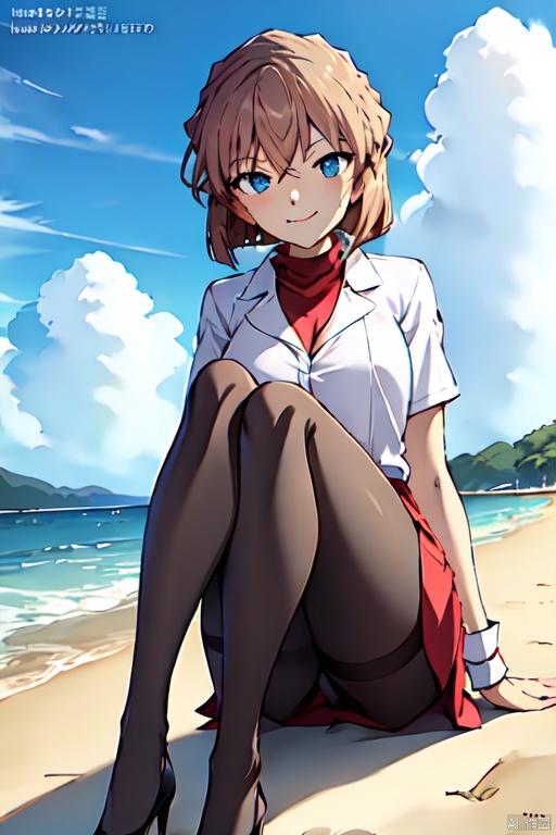  ((masterpiece)),((best quality)),ultra-detailed,illustratio,Beautiful body,Beautiful Nose,Beautiful character design,perfect eyes,perfect face,wallpaper,ultra highres,4K,photography,full body,(beautiful legs, perfect legs),shiny skin,anime screencap,Miyano Shiho,1girl, solo, cuffs, sitting, red dress, labcoat, pantyhose, blonde hair, short hair, brown hair, dress, shaded face, smile, skirt, shadow, pencil skirt, dark, high heels, houtufeng