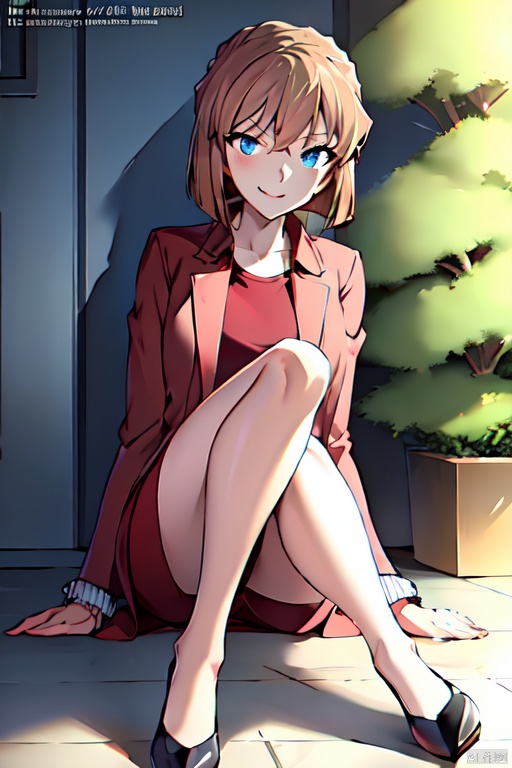  ((masterpiece)),((best quality)),ultra-detailed,illustratio,Beautiful body,Beautiful Nose,Beautiful character design,perfect eyes,perfect face,wallpaper,ultra highres,4K,photography,full body,(beautiful legs, perfect legs),shiny skin,anime screencap,Miyano Shiho,1girl, solo, cuffs, red dress, labcoat, pantyhose, blonde hair, wariza, short hair, brown hair, dress, shaded face, smile, skirt, shadow, pencil skirt, dark, high heels, houtufeng