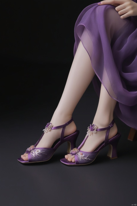  arien_hanfu, Close up view of woman`s two feet while she put on her stock over dark background, purple high_heels
