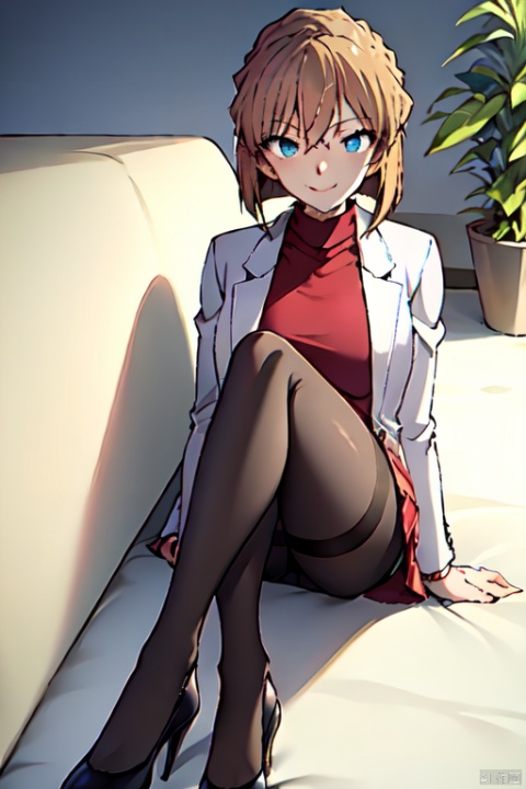  ((masterpiece)),((best quality)),ultra-detailed,illustratio,Beautiful body,Beautiful Nose,Beautiful character design,perfect eyes,perfect face,wallpaper,ultra highres,4K,photography,full body,(beautiful legs, perfect legs),shiny skin,anime screencap,Miyano Shiho,1girl, solo, cuffs, sitting, red dress, labcoat, pantyhose, blonde hair, wariza, short hair, brown hair, dress, shaded face, smile, skirt, shadow, pencil skirt, dark, high heels, houtufeng