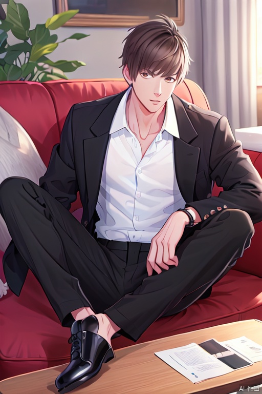  Gavin,,, masterpiece,best quality, 1boy,shirt,male focus,jacket,white shirt,solo,sitting,looking at viewer,pants,couch,black jacket,black footwear,open jacket,long sleeves,black pants,open clothes,formal,shoes,collared shirt,open breast