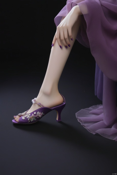  arien_hanfu, Close up view of woman`s foot while she put on her stock over dark background, purple high_heels
