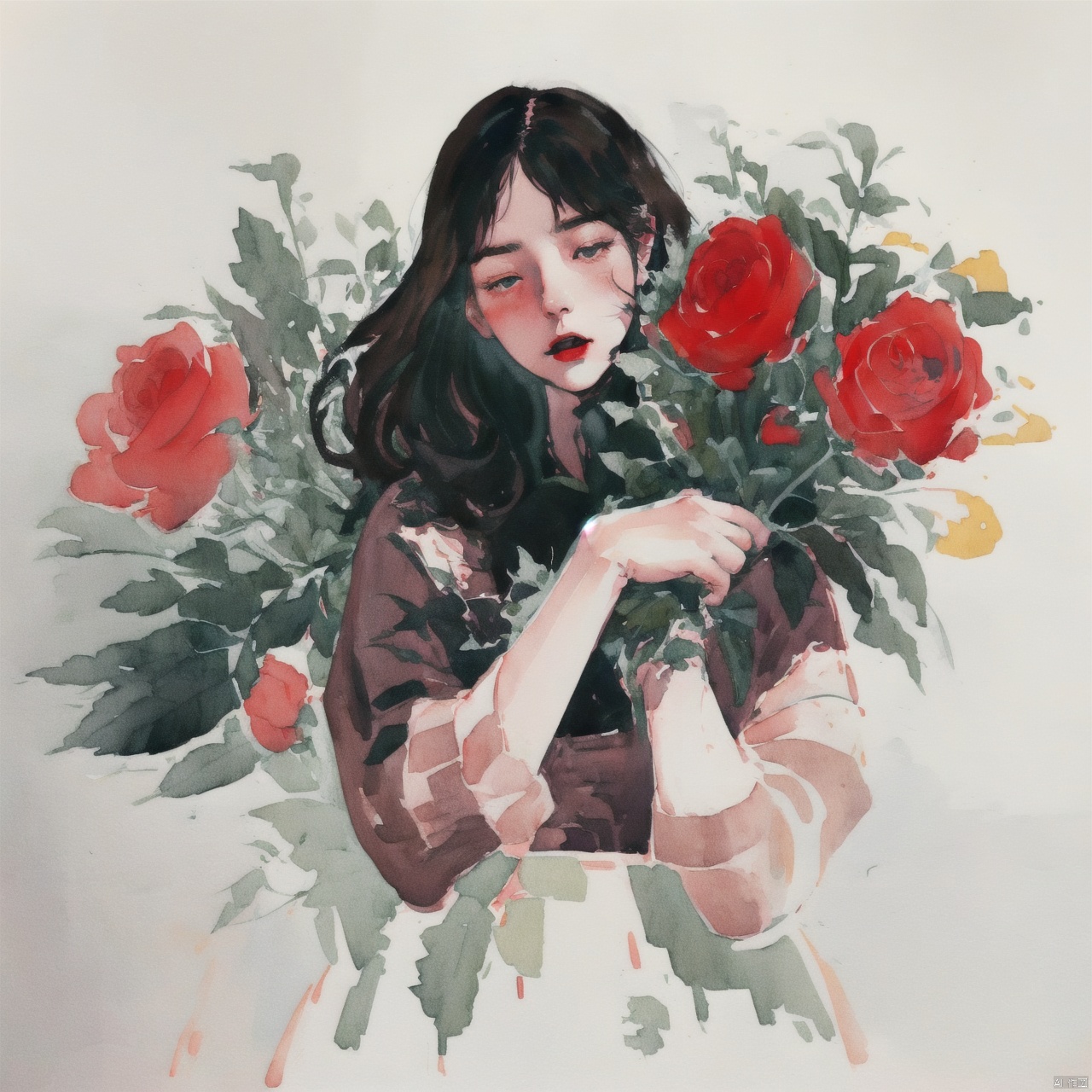  llustration style, The girl is wearing a red sweater and holding a large bouquet of roses in her hand, 8k, clear details, rich picture, blank background, flat color, vector illustration, watercolor, qzzd