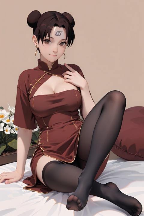  nai3, 1girl, cat, pantyhose, brown hair, jewelry, dress, hair bun, red dress, solo, smile, brown eyes, earrings, looking at viewer, no shoes, bangs, closed mouth, pillow, flower background,china dress, big breast, tenten\(shippuden\)