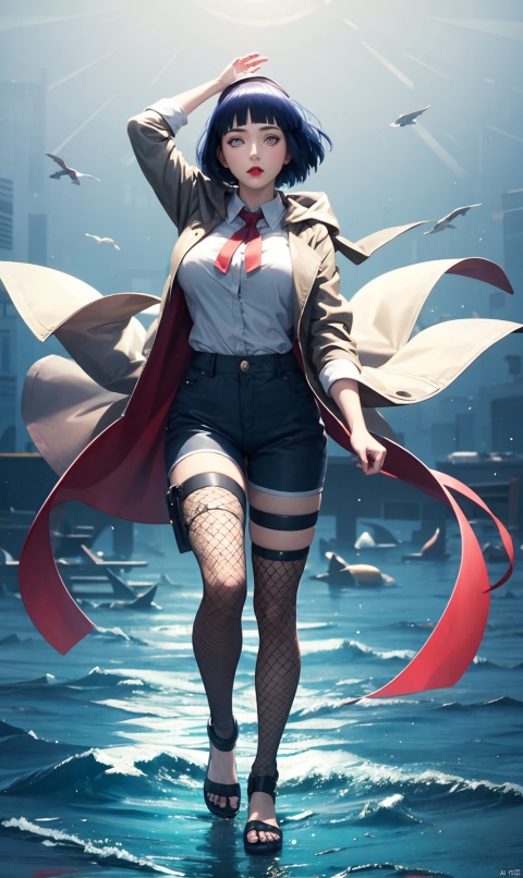  1girl,red lips, bobby socks, short hair, looking_at_viewer, big_breasts, holding whip, full_body, 111,masterpiece, absurdres, 1girl, hinata\(shippuden\), solo,hooded jacket, fishnets, headband around neck, looking at viewer, floating hair, wind, blue pants,