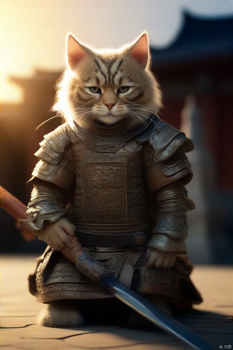 一只猫穿着一套兵马俑的盔甲,背景是一座中国古代宫殿,在室外,拿着武器,一束光从上往下打,严肃的表情,全身像,杰作,超精细分辨率,复杂的细节,柔和的光线