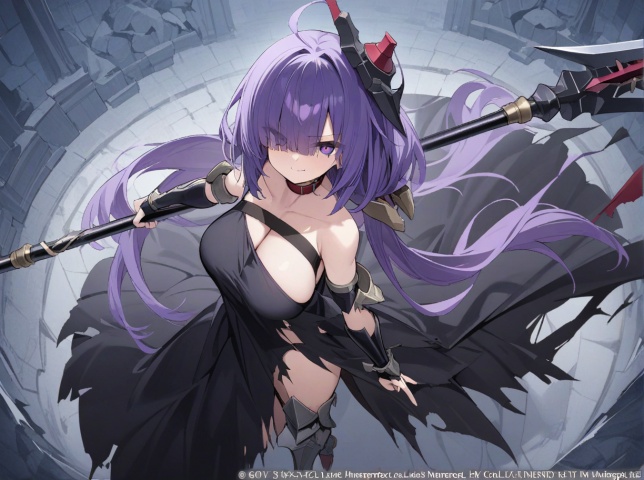 ,mogador_\(azur lane\), hair over one eye, purple hair, eyes visible through hair, long hair,hair ornament,breast strap,  ,black dress, torn clothes, elbow gloves, greaves,collar,frown,smile,closed mouth,holding polearm, from above, fighting stance, spear, looking at viewer, foreshortening,blurry foreground, masterpiece, best quality,  very aesthetic, absurdres,