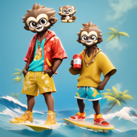 (Anthropomorphic Hainan Gibbon,three-dimensional cartoon image), standing, one, wearing beach casual clothes, cool, fashionable, happy, trendy, hip-hop, blind box. Highest quality, masterpieces, masterpieces, award-winning works. Extreme detail. Solid color background. The perfect hand. Dark Skin, Surfing, 2024 Hainan International Cultural and C, 3d stely
