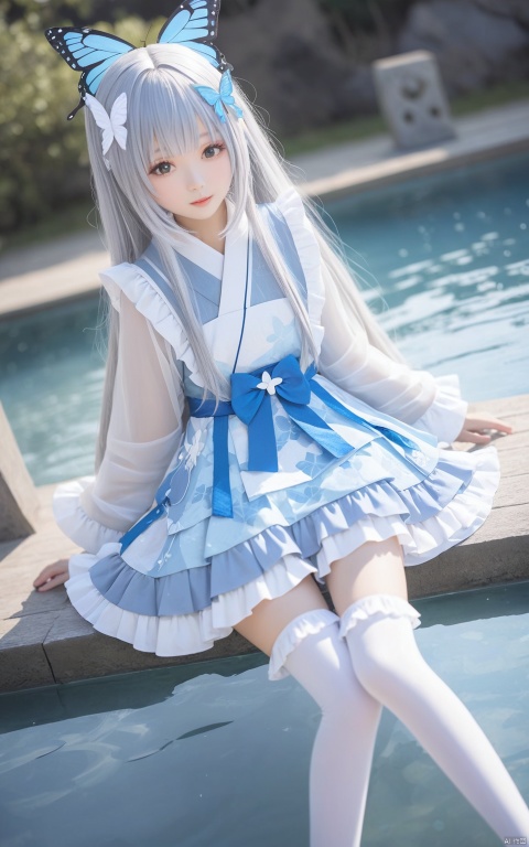  1girl, loli, long hair, dress, white thighhighs, white frilled, grey hair, heteromonic, dynamic angle, blue dress, see through,.multi layered dress, bangs, head tilt, chess, ahoge, kimono,cards,butterfly, long sleeves, masterpiece, best quality, blurry background, depth of field, iceflake, butterfly