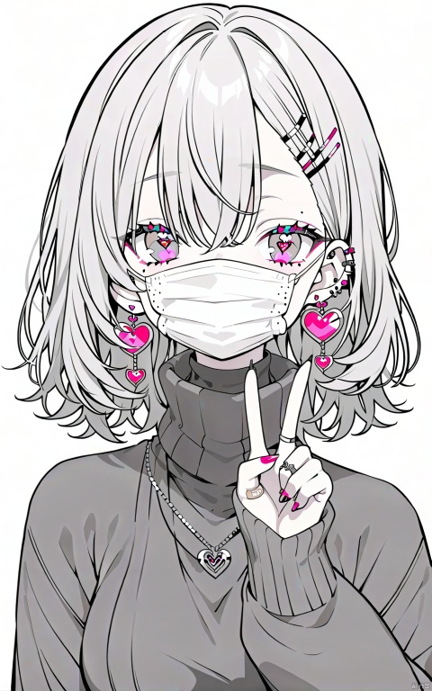  (best quality), ((masterpiece)), (highres), illustration, original, extremely detailed wallpaper.jewelry, 1girl, solo, bandaid, earrings, mouth mask, piercing, ring, ear piercing, heart, bandaid on face, multicolored eyes, turtleneck, simple background, white background, bow, bandaid on hand, looking at viewer, mask, sweater, flower earrings, mole, pink bow, bangs, mole under eye, v, pink eyes, heart earrings, grey hair, surgical mask, eyelashes, long eyelashes, fingernails, gradient eyes, hand up, monochrome, nail art, medium hair, turtleneck sweater, spot color, flower, long sleeves, hair between eyes, symbol-shaped pupils, sleeves past wrists, cross, multiple rings