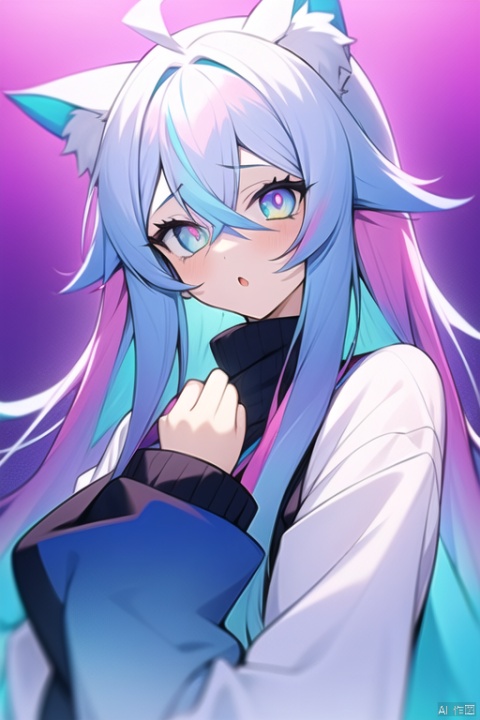  1girl, solo, cat ears, multicolored hair, ((gradient hair), white+(blue)+(pink:0.5) hair//), very long hair, messy hair, bangs, ahoge, ((gradient eyes), pink+light_blue eyes//), slit pupils, glowing eyes, 1fang,:o,white sweater,, masterpiece, best quality,