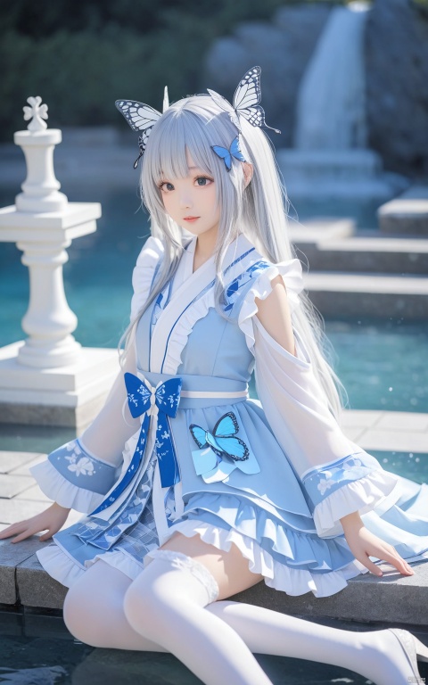  1girl, loli, long hair, dress, white thighhighs, white frilled, grey hair, heteromonic, dynamic angle, blue dress, see through,.multi layered dress, bangs, head tilt, chess, ahoge, kimono,cards,butterfly, long sleeves, masterpiece, best quality, blurry background, depth of field, iceflake, butterfly