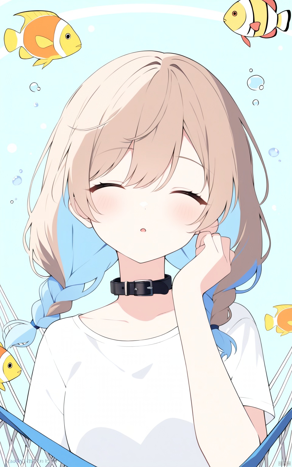 1girl, 

virtual youtuber, twin braids, open mouth, two-tone background, blue hair, blue background, upper body, fish, sleep bubble, hammock, alternate costume, blue eyes, multicolored hair, white shirt, sea bream, hair between eyes, angelfish, clownfish, yellow background, animal, shirt, braid, parted lips, brown hair, turtle, animal collar, artist name, long hair, swept bangs, colored inner hair, sleeping, collar, solo, triangle, short hair, bob cut, closed eyes, bubble, tropical fish,

masterpiece, newest, absurdres, safe