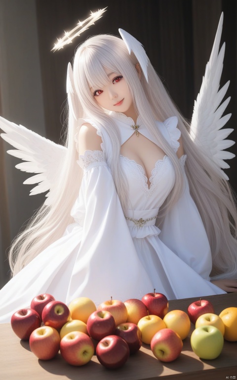  (masterpiece), (best quality), illustration, ultra detailed, hdr, Depth of field, (colorful), [Artist toosaka asagi],[Artist bzmfbgdm],[Artist DIno],Artist Sheya, 1girl, red eyes, apple, food, fruit, solo, wings, long hair, hair over one eye, halo, white hair, blood, breasts, looking at viewer, angel, angel wings, dress, cleavage, smile, signature, long sleeves, feathered wings, very long hair, artist name, wide sleeves, white wings, white dress