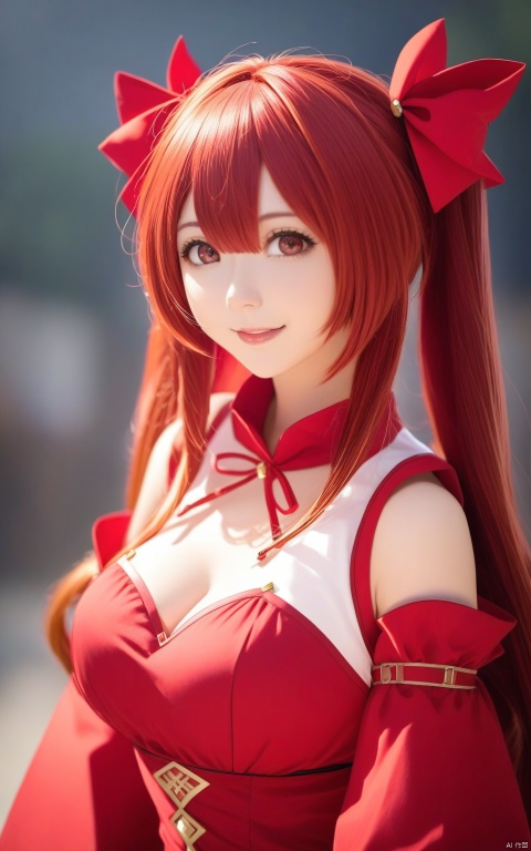  1girl, company connection, closed mouth, red hair, smile, voice actor connection, crossover, hair ornament, hair between eyes, long hair, looking at viewer, upper body, breasts, twintails, medium breasts, blush, red eyes, detached sleeves, newest, absurdres, safe