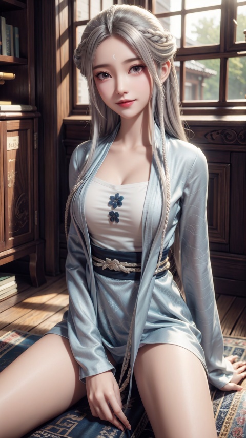 1girl, solo, long hair, white hair, chinese clothes, hanfu, facial mark, forehead mark, grey eyes, long sleeves, braid, realistic, mischevious smile, perfect body, scenery, sharp focus, best quality, masterpiece, detailed outfit, illustration, perfect eyes, finely detailed beautiful anime eyes, realistic skin, intricate details, best lighting, depth of field, ultra high resolution, sitting, dynamic pose, dynamic angle,