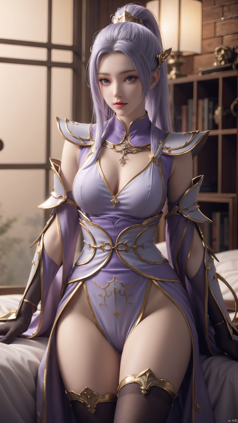  1girl, light purple hair, black thighhighs, ponytail, gloves, blue eyes, long hair, breasts, armor, hair ornament, black gloves, looking at viewer, lying, perfect body, scenery, sharp focus, best quality, masterpiece, detailed outfit, illustration, perfect eyes, finely detailed beautiful anime eyes, realistic skin, intricate details, best lighting, depth of field, ultra high resolution, bed, from above