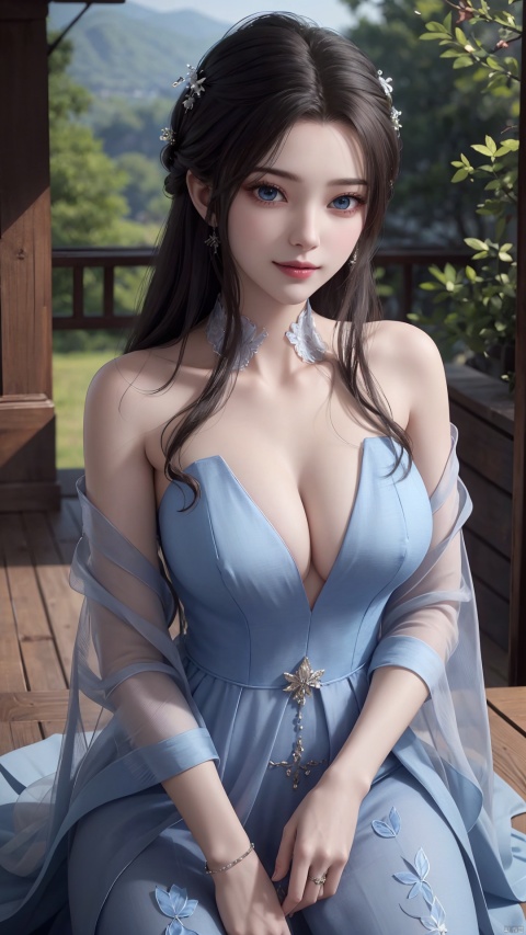  1girl, wedding_dress, mischevious smile, perfect body, scenery, sharp focus, best quality, masterpiece, detailed outfit, illustration, perfect eyes, finely detailed beautiful anime eyes, realistic skin, intricate details, best lighting, depth of field, ultra high resolution, kneeling on floot, from_above
