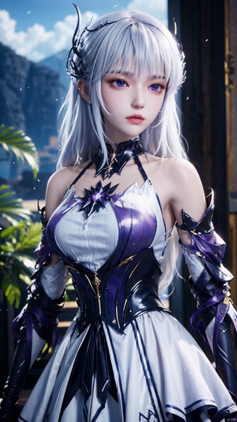 1girl, long hair, solo, purple eyes, white hair, white dress, standing, looking at viewer, perfect body, scenery, sharp focus, best quality, masterpiece, detailed outfit, illustration, perfect eyes, finely detailed beautiful anime eyes, realistic skin, intricate details, best lighting, depth of field, ultra high resolution,cowboy_shot, dynamic pose, dynamic angle,