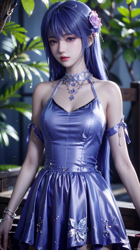 1girl, blue hair, solo, hair ornament, blue eyes, bare shoulders, jewelry, long hair, necklace, strapless skirt, flower, hair flower, perfect body, scenery, sharp focus, best quality, masterpiece, detailed outfit, illustration, perfect eyes, finely detailed beautiful anime eyes, realistic skin, intricate details, best lighting, depth of field, ultra high resolution,cowboy_shot, dynamic pose, dynamic angle,