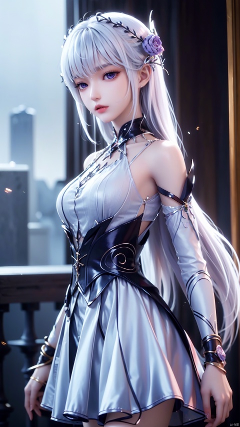 1girl, long hair, solo, purple eyes, (white hair), (white dress), standing, looking at viewer, perfect body, scenery, sharp focus, best quality, masterpiece, detailed outfit, illustration, perfect eyes, finely detailed beautiful anime eyes, realistic skin, intricate details, best lighting, depth of field, ultra high resolution,cowboy_shot, dynamic pose, dynamic angle,