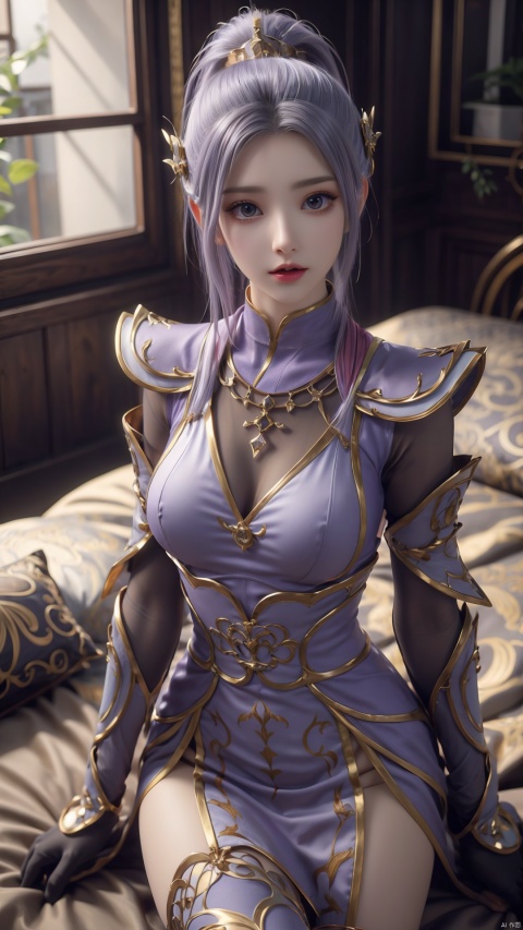  1girl, light purple hair, black thighhighs, ponytail, gloves, blue eyes, long hair, breasts, armor, hair ornament, black gloves, looking at viewer, lying, perfect body, scenery, sharp focus, best quality, masterpiece, detailed outfit, illustration, perfect eyes, finely detailed beautiful anime eyes, realistic skin, intricate details, best lighting, depth of field, ultra high resolution, bed, from above