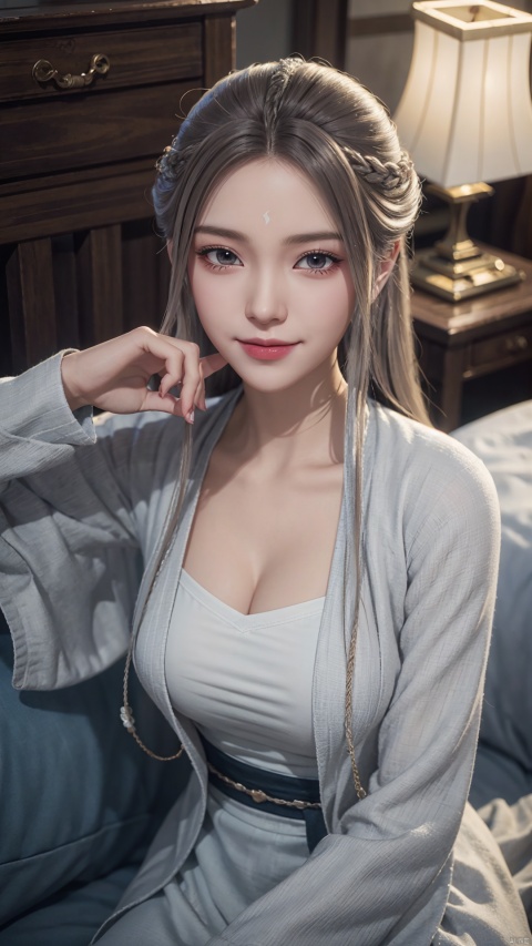 1girl, solo, long hair, chinese clothes, hanfu, facial mark, forehead mark, grey eyes, long sleeves, braid, realistic, mischevious smile, looking at viewer, lying, perfect body, scenery, sharp focus, best quality, masterpiece, detailed outfit, illustration, perfect eyes, finely detailed beautiful anime eyes, realistic skin, intricate details, best lighting, depth of field, ultra high resolution, bed, from above