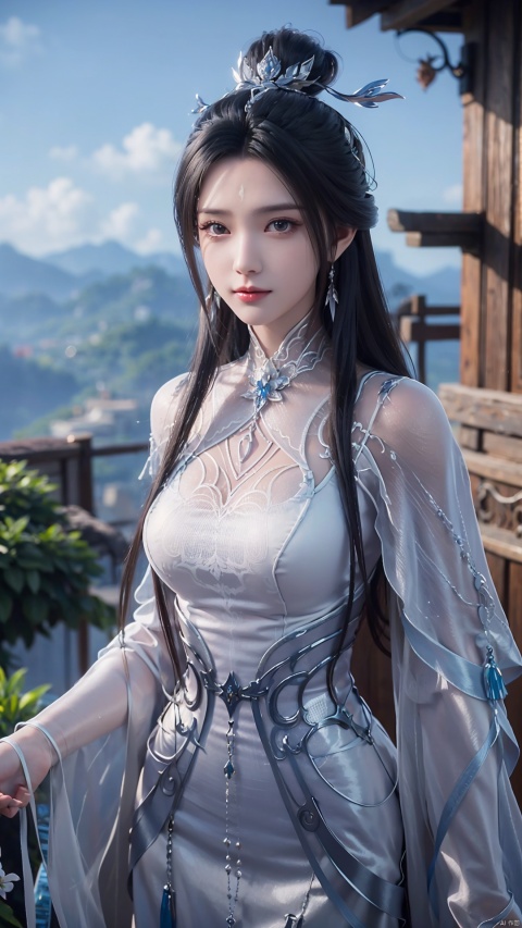 1girl, black hair, long hair, dress, solo, white dress, hair ornament, chinese clothes, facial mark, hair bun, forehead mark, earrings, mischevious smile, perfect body, scenery, sharp focus, best quality, masterpiece, detailed outfit, illustration, perfect eyes, finely detailed beautiful anime eyes, realistic skin, intricate details, best lighting, depth of field, ultra high resolution,cowboy_shot, dynamic pose, dynamic angle,