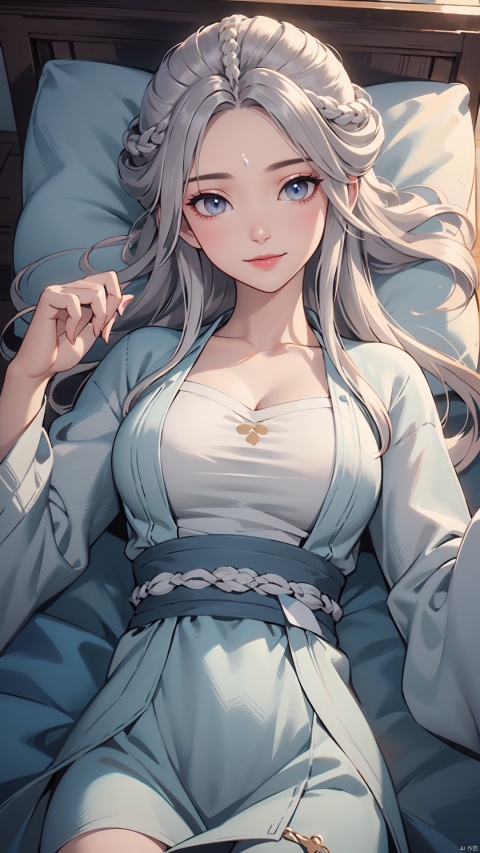 1girl, solo, long hair, white hair, chinese clothes, hanfu, facial mark, forehead mark, grey eyes, long sleeves, braid, realistic, mischevious smile, looking at viewer, lying, perfect body, scenery, sharp focus, best quality, masterpiece, detailed outfit, illustration, perfect eyes, finely detailed beautiful anime eyes, realistic skin, intricate details, best lighting, depth of field, ultra high resolution, bed, from above