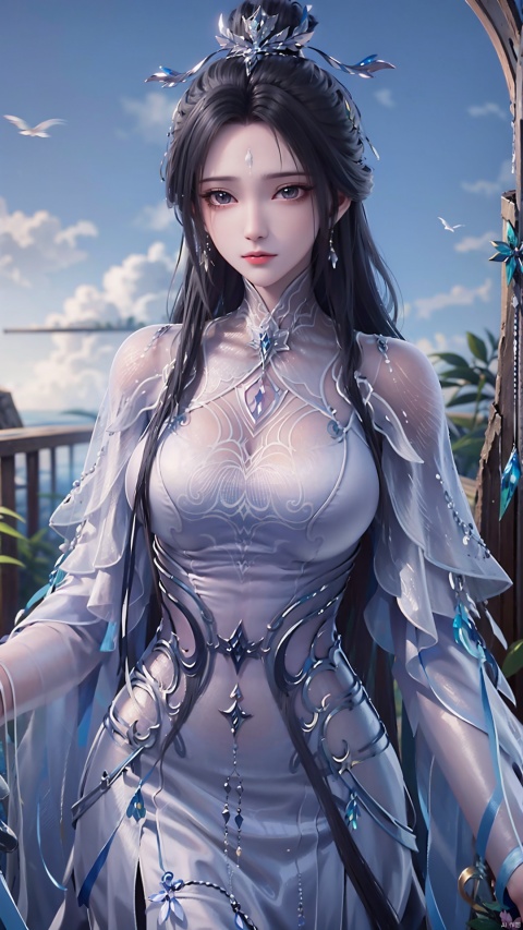 1girl, black hair, long hair, dress, solo, white dress, hair ornament, chinese clothes, facial mark, hair bun, forehead mark, earrings, mischevious smile, perfect body, scenery, sharp focus, best quality, masterpiece, detailed outfit, illustration, perfect eyes, finely detailed beautiful anime eyes, realistic skin, intricate details, best lighting, depth of field, ultra high resolution,cowboy_shot, dynamic pose, dynamic angle,