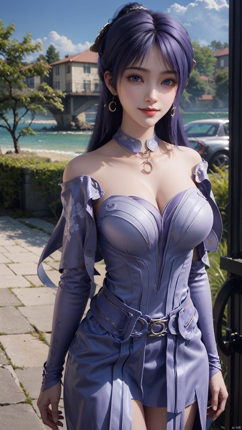  1girl, solo, jewelry, earrings, breasts, necklace, purple hair, dress, realistic, bare shoulders, mischevious smile, perfect body, scenery, sharp focus, best quality, masterpiece, detailed outfit, illustration, perfect eyes, finely detailed beautiful anime eyes, realistic skin, intricate details, best lighting, depth of field, ultra high resolution,cowboy_shot, dynamic pose, dynamic angle,