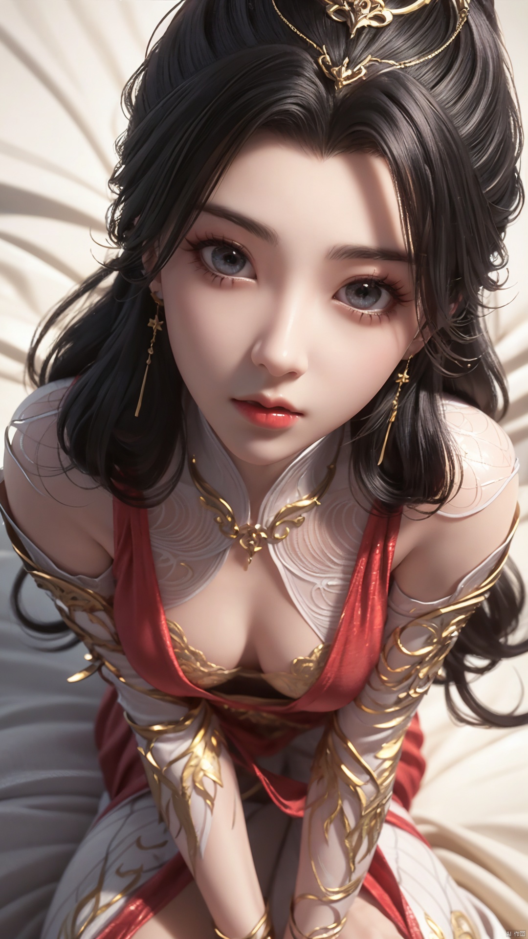  1girl, long hair, dress, looking at viewer, lying, perfect body, scenery, sharp focus, best quality, masterpiece, detailed outfit, illustration, perfect eyes, finely detailed beautiful anime eyes, realistic skin, intricate details, best lighting, depth of field, ultra high resolution, bed, from above