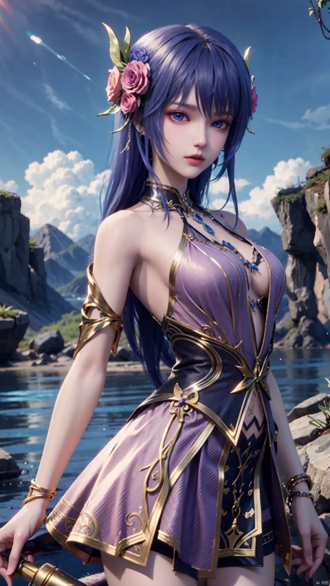 1girl, blue hair, solo, hair ornament, blue eyes, bare shoulders, jewelry, long hair, necklace, strapless skirt, flower, hair flower, perfect body, scenery, sharp focus, best quality, masterpiece, detailed outfit, illustration, perfect eyes, finely detailed beautiful anime eyes, realistic skin, intricate details, best lighting, depth of field, ultra high resolution,cowboy_shot, dynamic pose, dynamic angle,