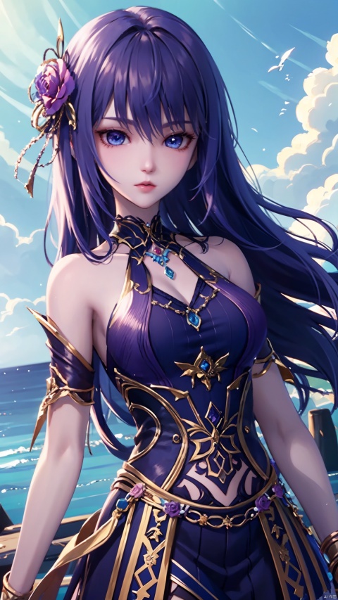 1girl, blue hair, solo, hair ornament, blue eyes, bare shoulders, jewelry, long hair, necklace, strapless skirt, flower, hair flower, perfect body, scenery, sharp focus, best quality, masterpiece, detailed outfit, illustration, perfect eyes, finely detailed beautiful anime eyes, realistic skin, intricate details, best lighting, depth of field, ultra high resolution,cowboy_shot, dynamic pose, dynamic angle,