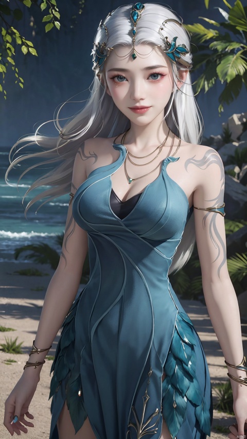 1girl, jewelry, long hair, bracelet, strapless dress, necklace, tattoo, gem, bare shoulders, white hair, aqua dress, mischevious smile, perfect body, scenery, sharp focus, best quality, masterpiece, detailed outfit, illustration, perfect eyes, finely detailed beautiful anime eyes, realistic skin, intricate details, best lighting, depth of field, ultra high resolution,cowboy_shot, dynamic pose, dynamic angle,