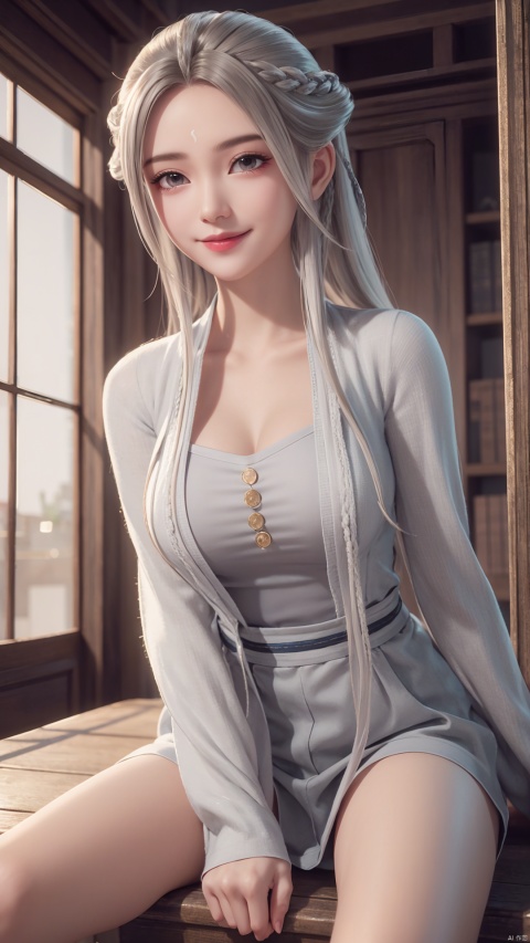 1girl, solo, long hair, white hair, chinese clothes, hanfu, facial mark, forehead mark, grey eyes, long sleeves, braid, realistic, mischevious smile, perfect body, scenery, sharp focus, best quality, masterpiece, detailed outfit, illustration, perfect eyes, finely detailed beautiful anime eyes, realistic skin, intricate details, best lighting, depth of field, ultra high resolution, sitting, dynamic pose, dynamic angle,