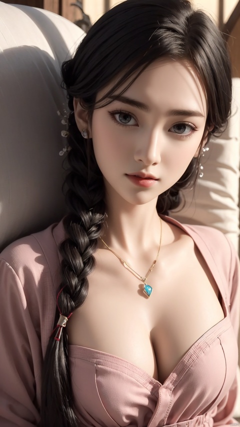  1girl, long hair, dress, looking at viewer, lying, perfect body, scenery, sharp focus, best quality, masterpiece, detailed outfit, illustration, perfect eyes, finely detailed beautiful anime eyes, realistic skin, intricate details, best lighting, depth of field, ultra high resolution, bed, from above