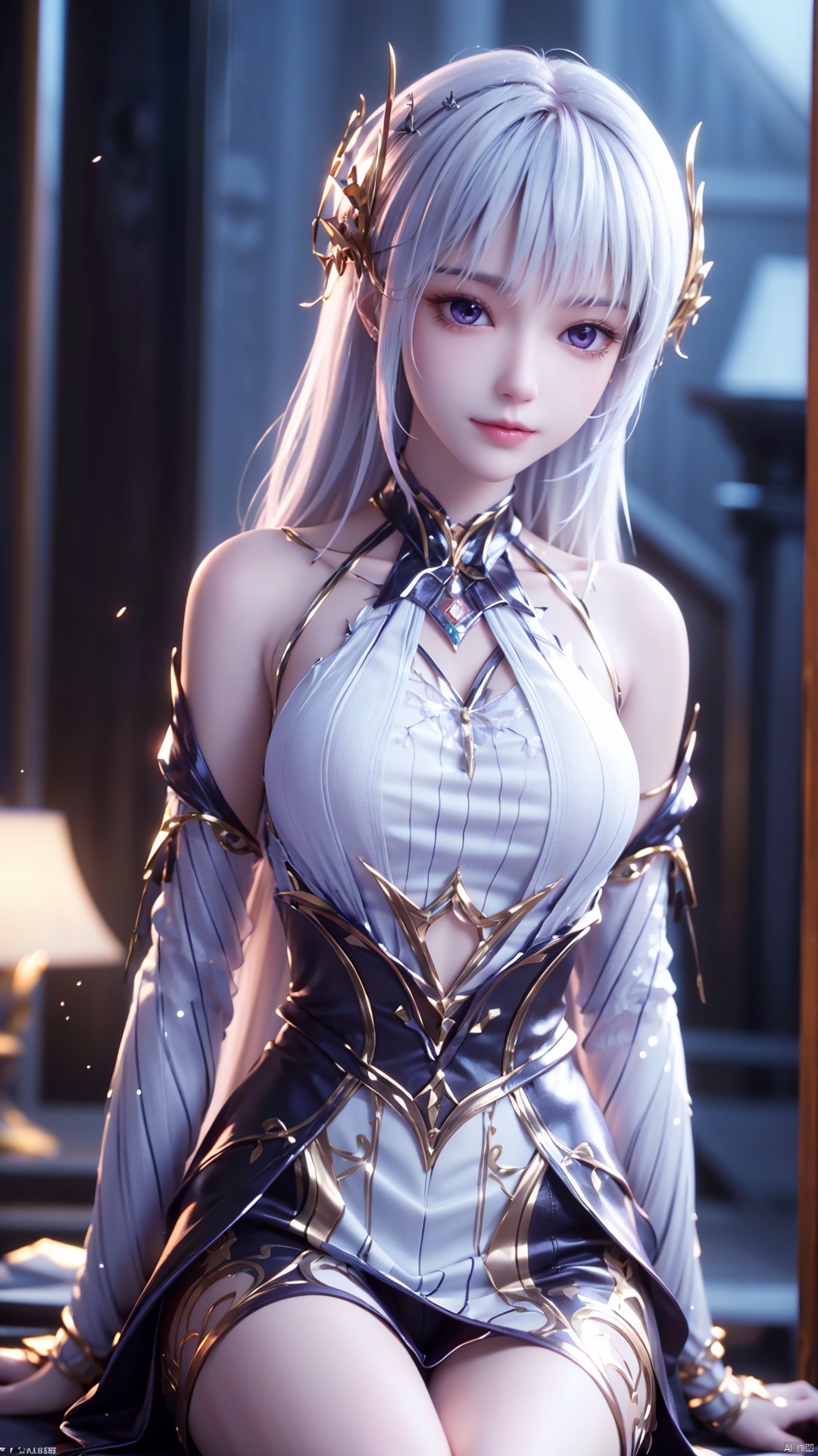 1girl, solo, long hair, white hair, white dress, purple eyes, realistic, mischevious smile, perfect body, scenery, sharp focus, best quality, masterpiece, detailed outfit, illustration, perfect eyes, finely detailed beautiful anime eyes, realistic skin, intricate details, best lighting, depth of field, ultra high resolution, sitting, dynamic pose, dynamic angle,