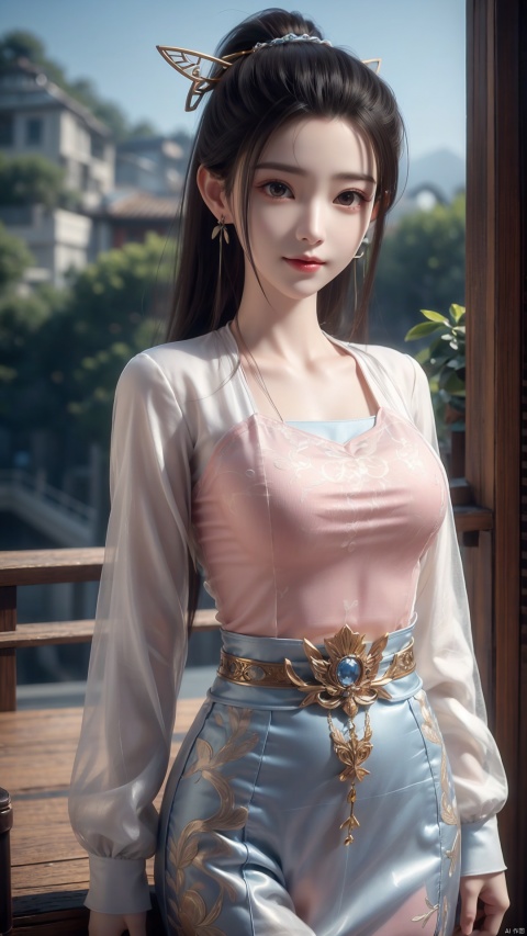  1girl, solo, hanfu, chinese clothes, earrings, jewelry, realistic, hair ornament, black hair, brown eyes, long sleeves, single hair bun, facial mark, mischevious smile, perfect body, scenery, sharp focus, best quality, masterpiece, detailed outfit, illustration, perfect eyes, finely detailed beautiful anime eyes, intricate details, best lighting, depth of field, ultra high resolution,cowboy_shot, dynamic pose, dynamic angle,