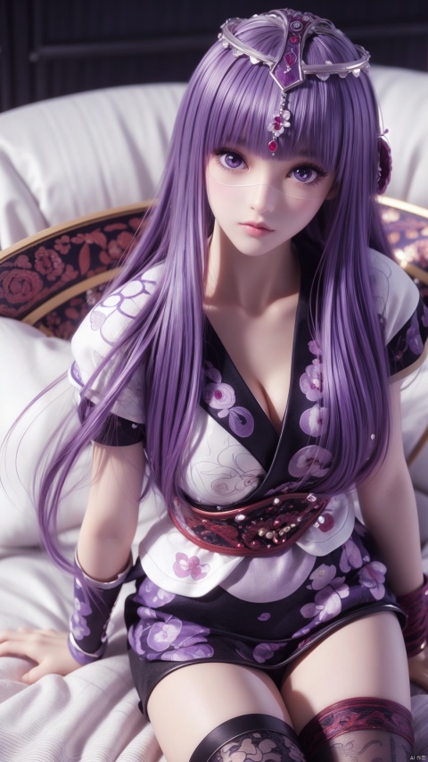 1girl, purple eyes, purple hair, long hair, thighhighs, lying, perfect body, scenery, sharp focus, best quality, masterpiece, detailed outfit, illustration, perfect eyes, finely detailed beautiful anime eyes, realistic skin, intricate details, best lighting, depth of field, ultra high resolution, bed, from above