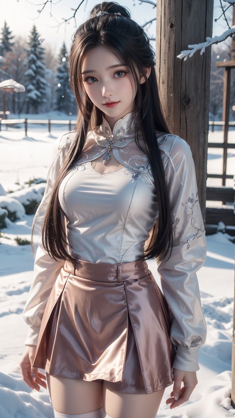  1 girl,Transparent skirt,pink face,stockings,(snow:1.2),(snowing:1.2),peach blossom,snow,solo,scarf,black hair,smile,long hair,bokeh,realistic,long coat,blurry, captivating gaze, embellished clothing, natural light, shallow depth of field, romantic setting, dreamy pastel color palette, whimsical details, captured on film,. (Original Photo, Best Quality), (Realistic, Photorealistic: 1.3), Clean, Masterpiece, Fine Detail, Masterpiece, Ultra Detailed, High Resolution, (Best Illustration), (Best Shadows), Complex, Bright light, modern clothing, (pastoral: 1.3), smiling,cowboy shot,(very very short skirt:1.5),knee socks,long legs, forest, grassland,(view: 1.3), 21yo girl, striped, capricornus, 1girl, light master