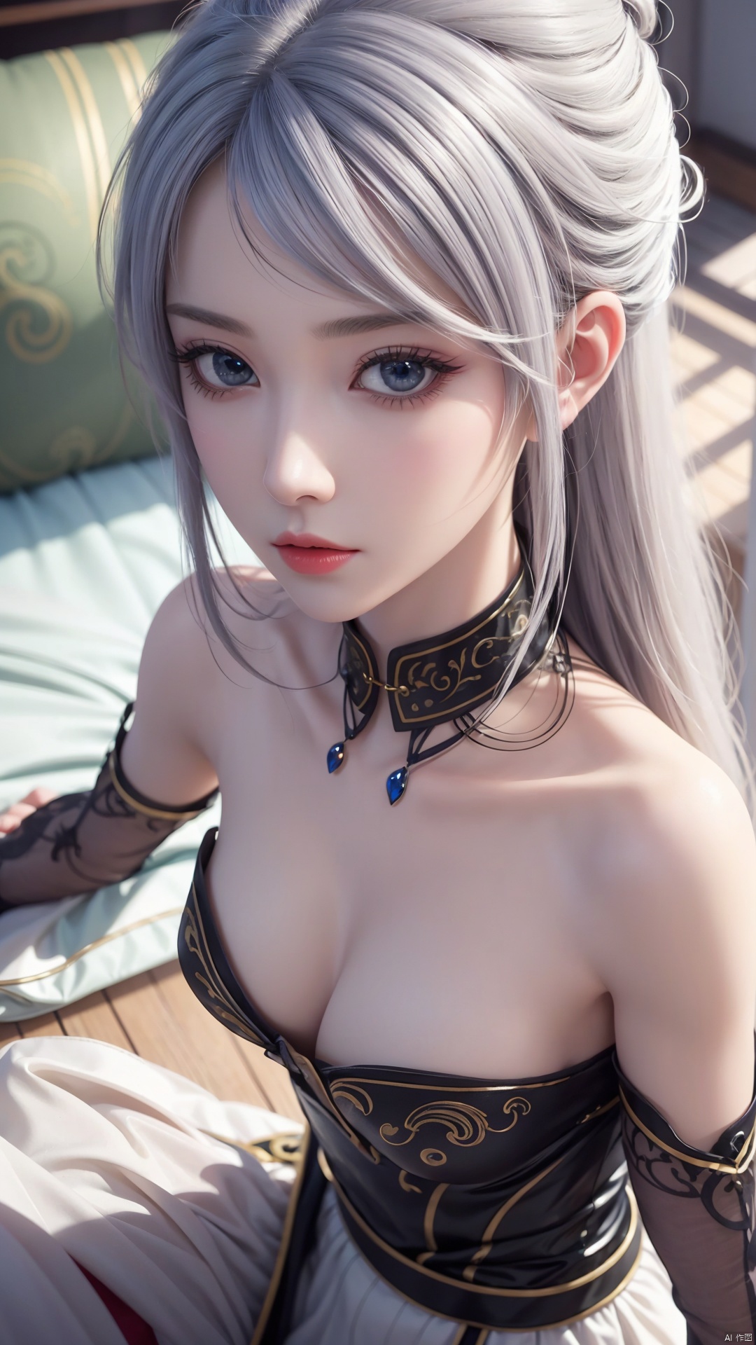  1girl, long hair, white hair, dress, looking at viewer, lying, perfect body, scenery, sharp focus, best quality, masterpiece, detailed outfit, illustration, perfect eyes, finely detailed beautiful anime eyes, realistic skin, intricate details, best lighting, depth of field, ultra high resolution, bed, from above