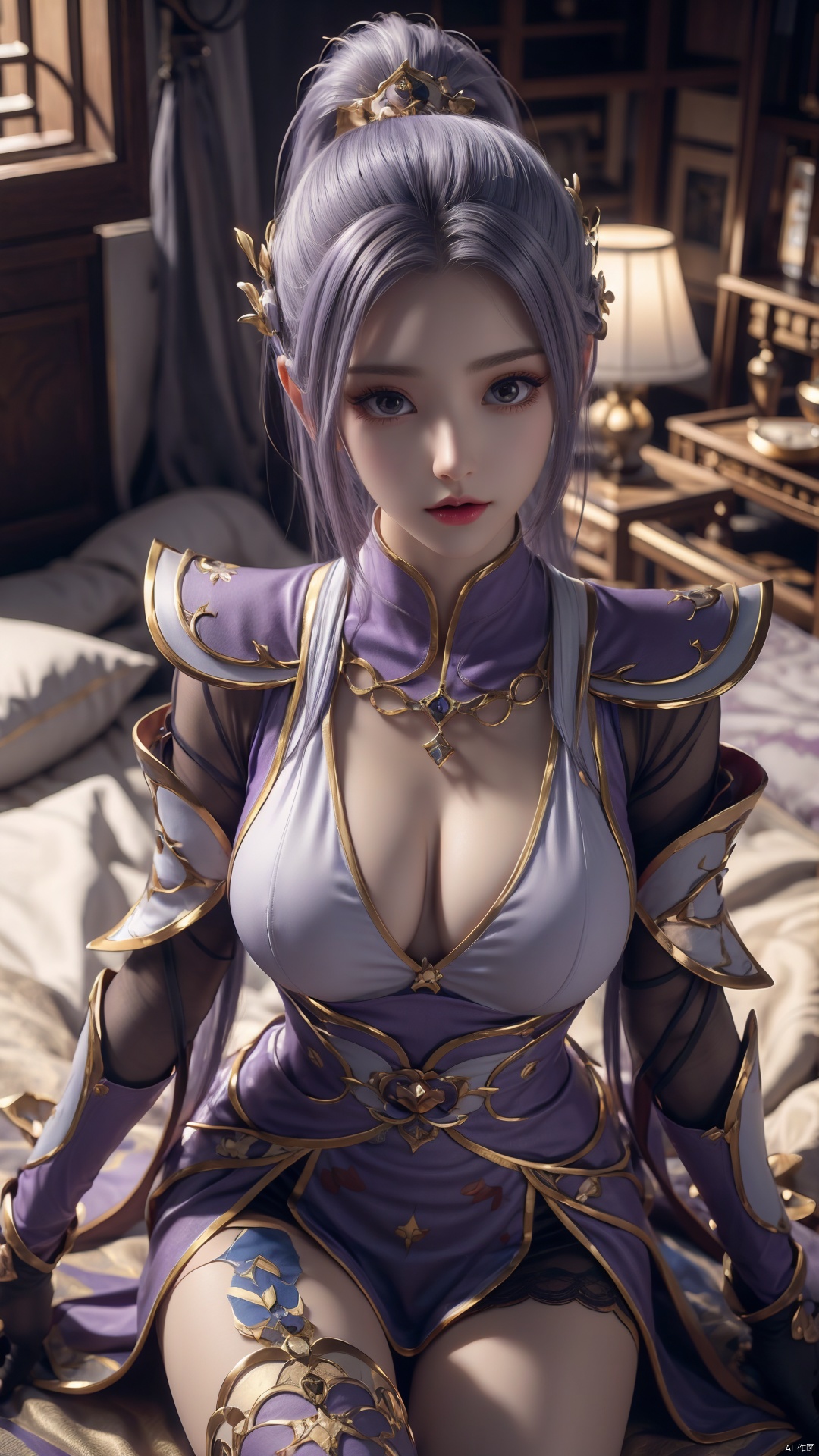  1girl, light purple hair, black thighhighs, ponytail, gloves, blue eyes, long hair, breasts, armor, hair ornament, black gloves, looking at viewer, lying, perfect body, scenery, sharp focus, best quality, masterpiece, detailed outfit, illustration, perfect eyes, finely detailed beautiful anime eyes, realistic skin, intricate details, best lighting, depth of field, ultra high resolution, bed, from above