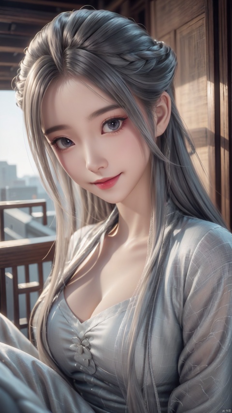 1girl, solo, long hair, white hair, chinese clothes, hanfu, facial mark, forehead mark, grey eyes, long sleeves, braid, realistic, mischevious smile, looking at viewer, lying, perfect body, scenery, sharp focus, best quality, masterpiece, detailed outfit, illustration, perfect eyes, finely detailed beautiful anime eyes, realistic skin, intricate details, best lighting, depth of field, ultra high resolution, bed, from above